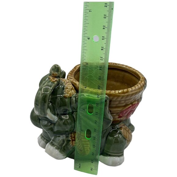 Green Elephant Planter Lucky Trunk Up Ceramic with Basket Tropical 5" x 4" - Picture 8 of 8